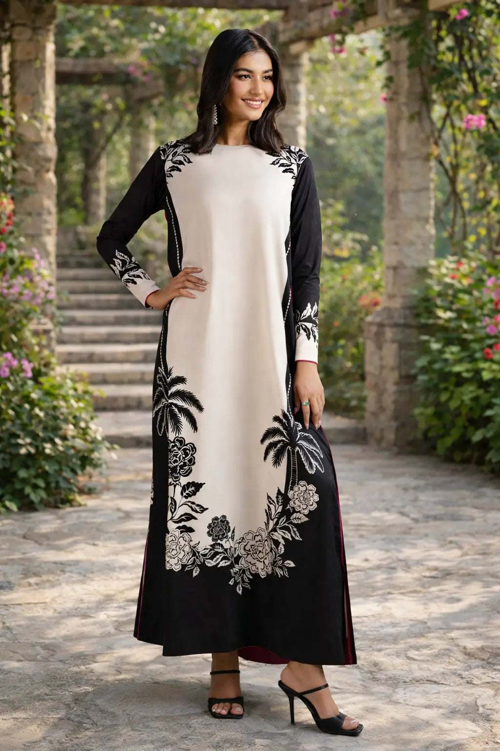 Woman wearing a black and white dress with floral embroidery in an outdoor setting.