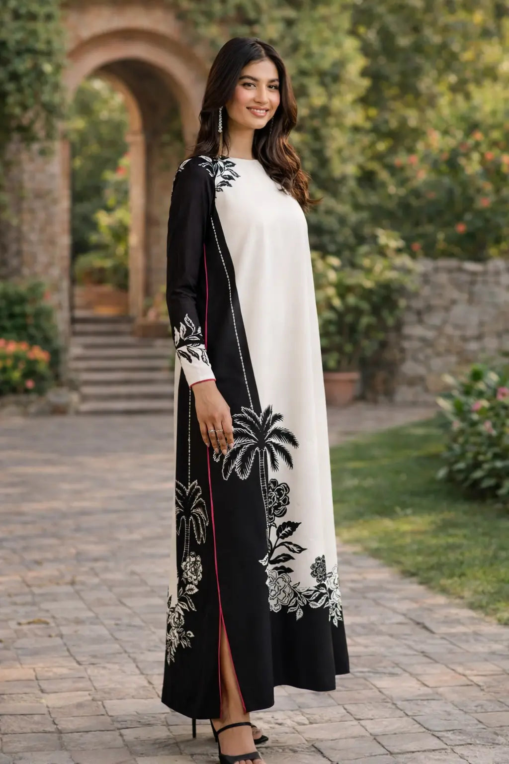 Woman wearing a black and white embroidered dress in an outdoor setting