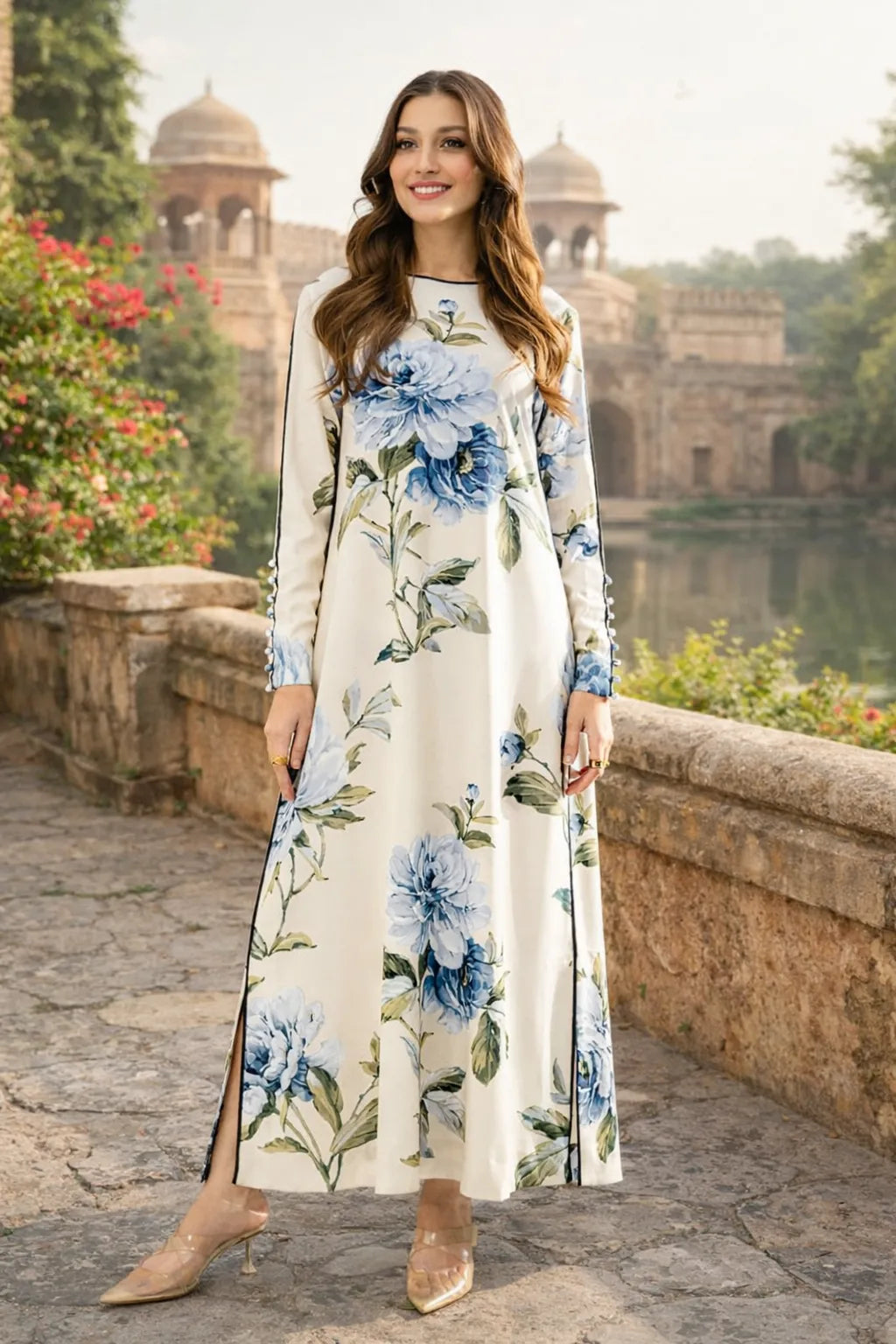 Woman wearing a floral dress standing in an outdoor setting with architectural elements and greenery.