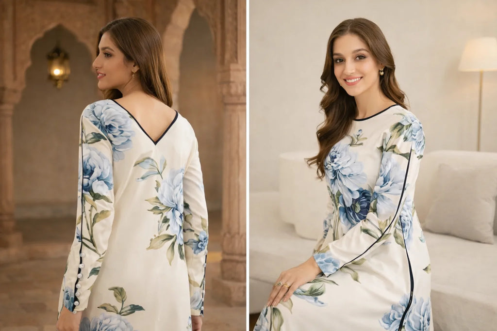 Woman wearing a floral dress in two different settings.