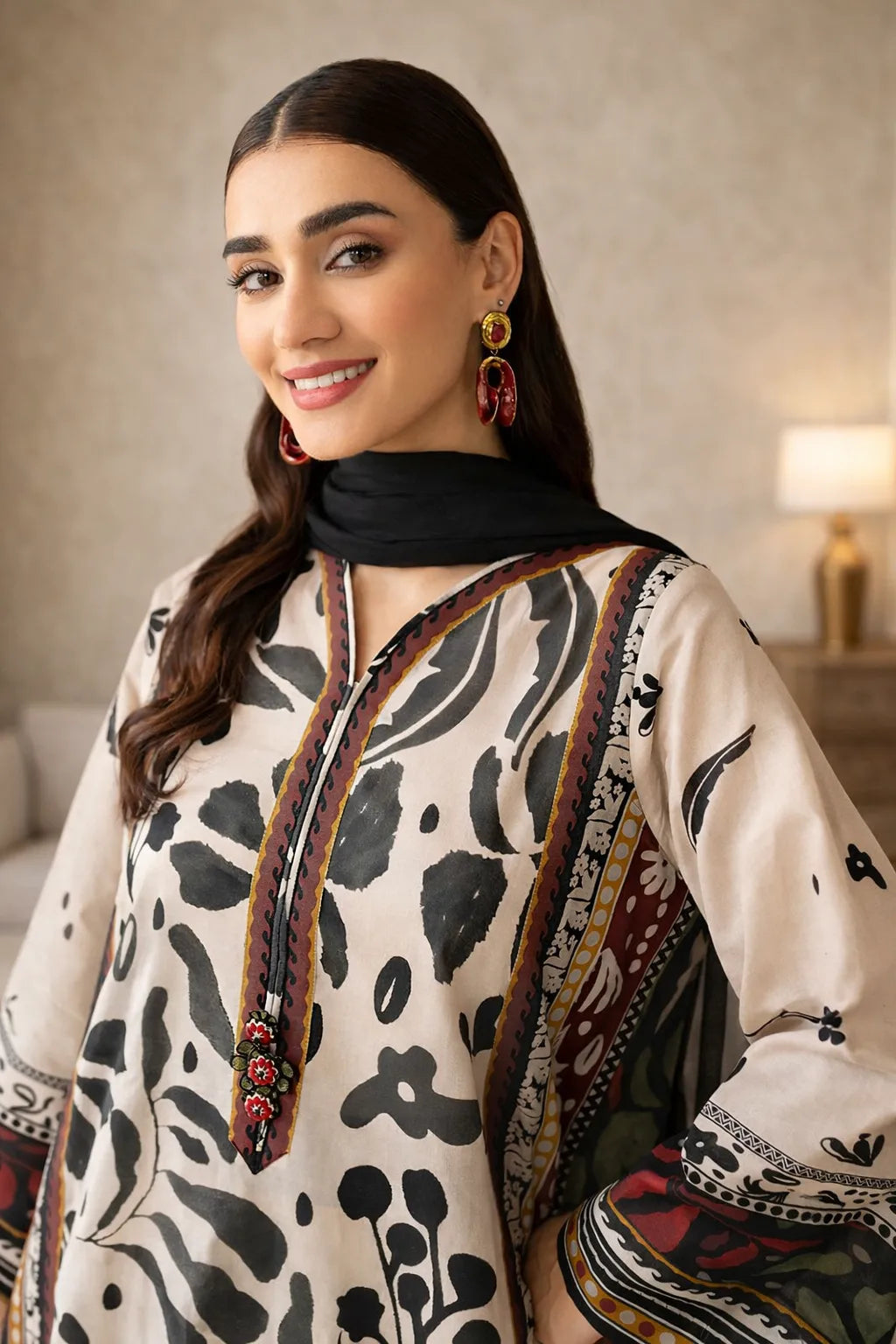 Woman wearing a patterned outfit with a black scarf in an indoor setting