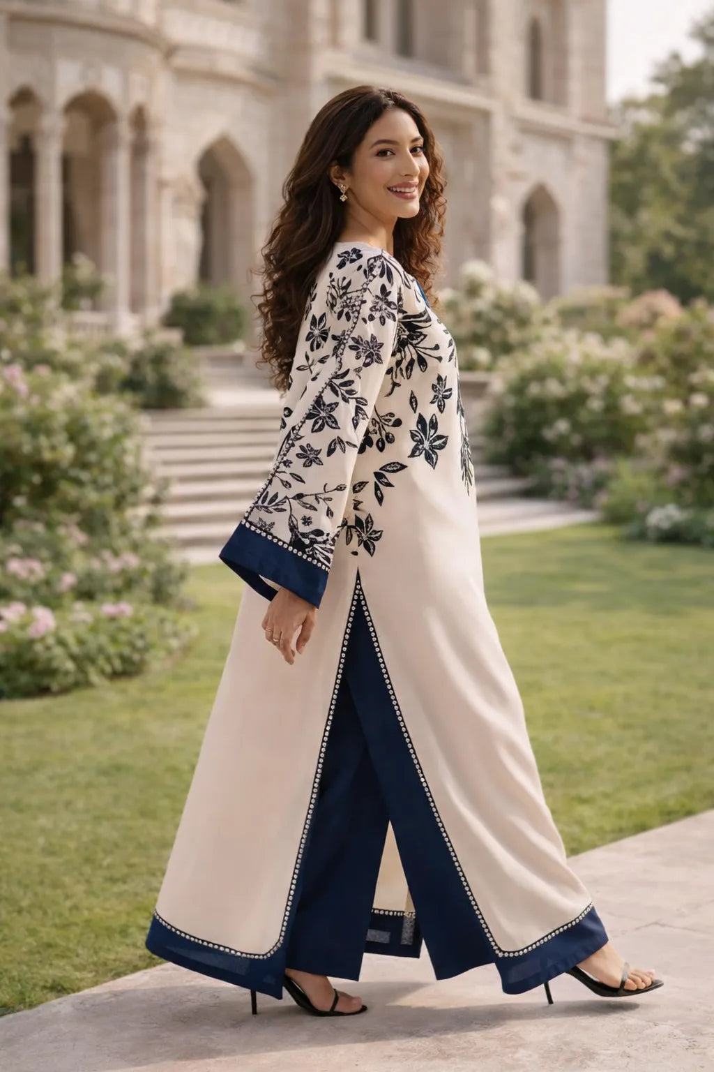 Woman in a white and blue traditional outfit standing in a garden with a building in the background