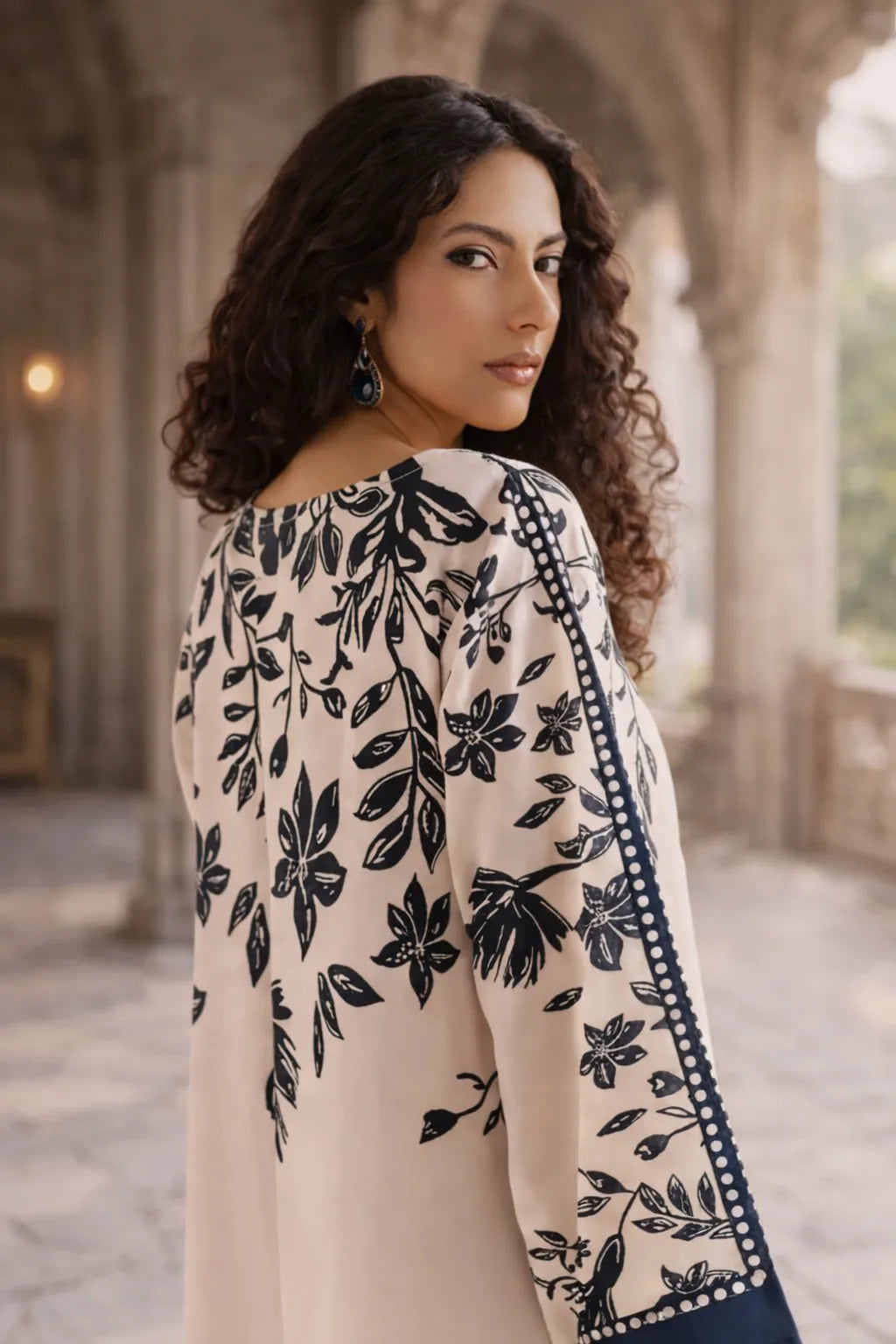 Woman wearing a floral-patterned outfit in an outdoor setting with arches.