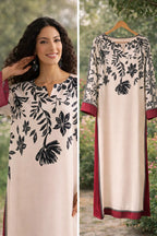 Woman wearing a floral dress with a close-up of the dress on a hanger against a natural background.