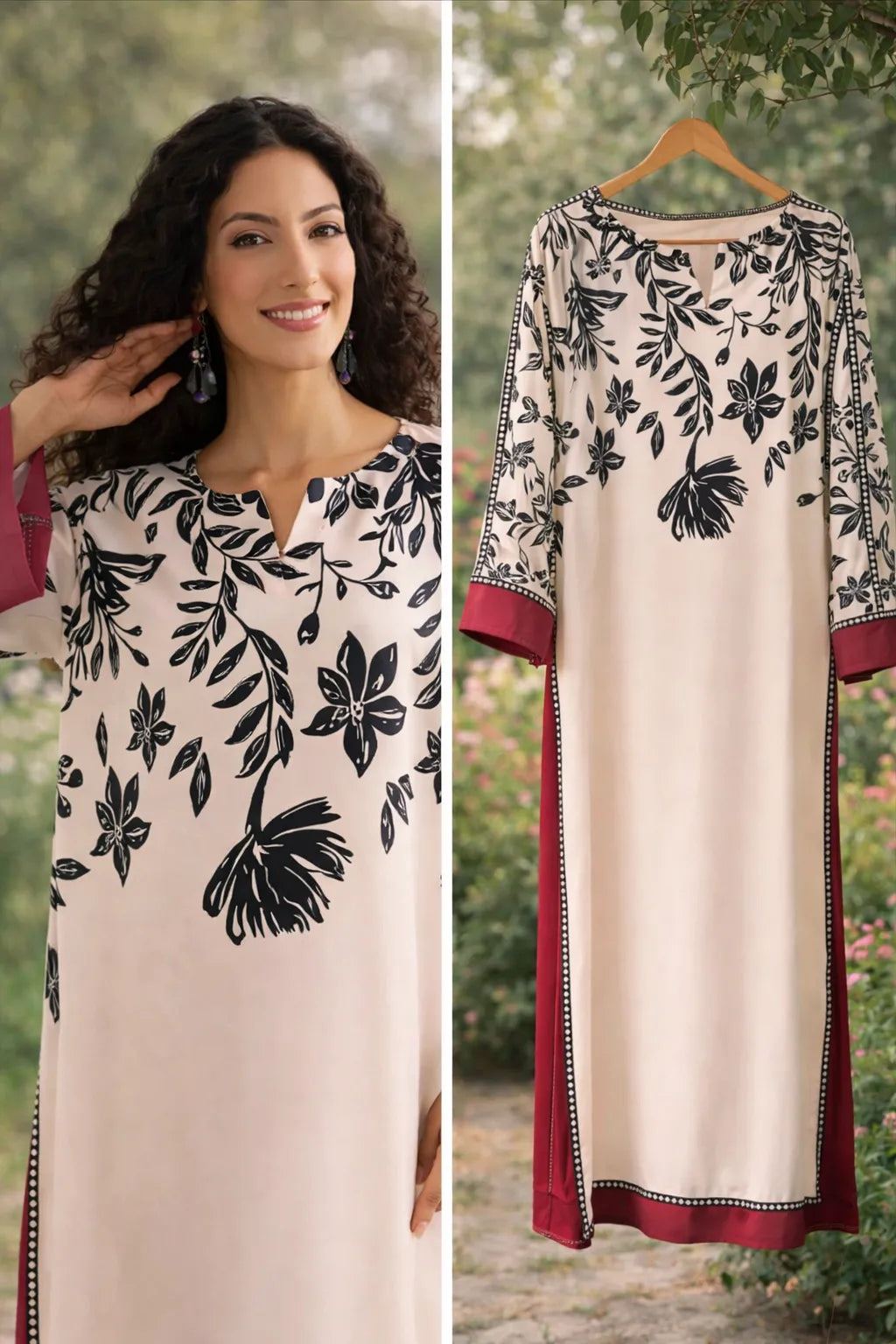 Woman wearing a floral dress with a close-up of the dress on a hanger against a natural background.
