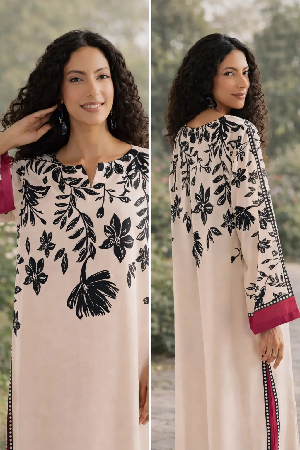 Woman wearing a floral dress with a neutral background